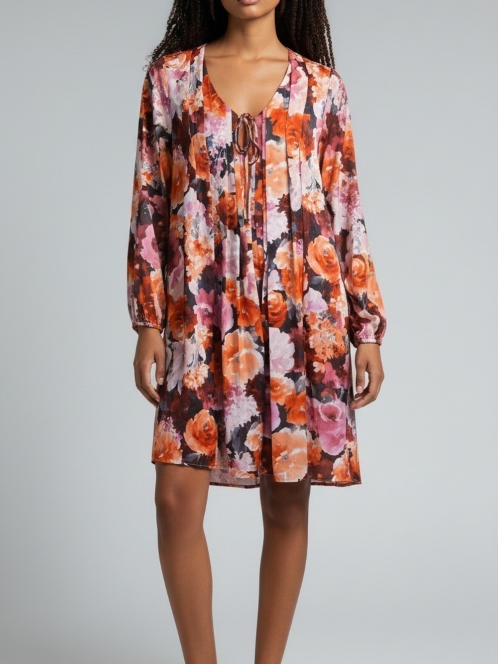 Haptics Floral Tie-Front Long-Sleeve Shift Dress - Pink & Orange
